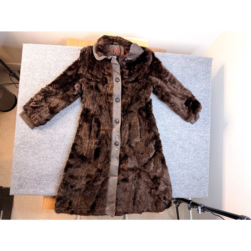 Vintage Dannimac Sport Brown Faux Fur Long Coat Jacket Leather Trim Women M Y2K